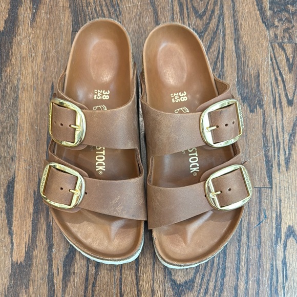 Birkenstock Tan Sandals with Gold Buckles - Picture 1 of 5